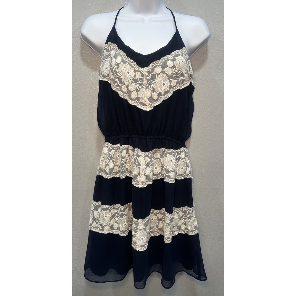 Charming Charlie Dress Women's Medium Navy Blue White Lace Mini Spaghetti Straps
